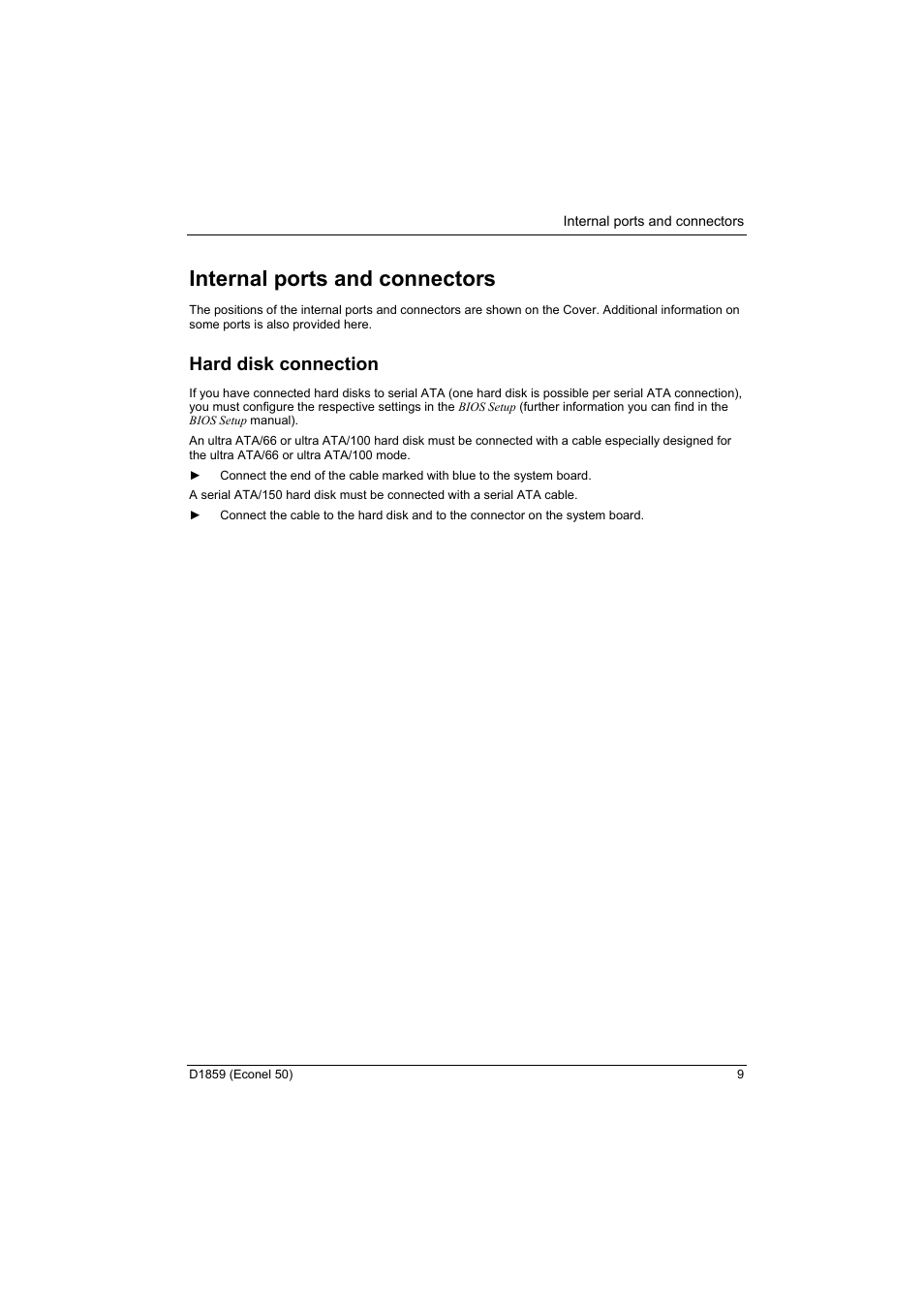 Internal ports and connectors, Hard disk connection | FUJITSU RELIABILITY D1859 User Manual | Page 15 / 42