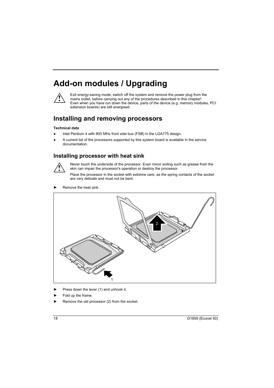 Add-on modules / upgrading, Installing and removing processors, Installing processor with heat sink | Entitled "add-on modules / upgrading"), Installing processor with heat sink" chapter | FUJITSU RELIABILITY D1859 User Manual | Page 24 / 42