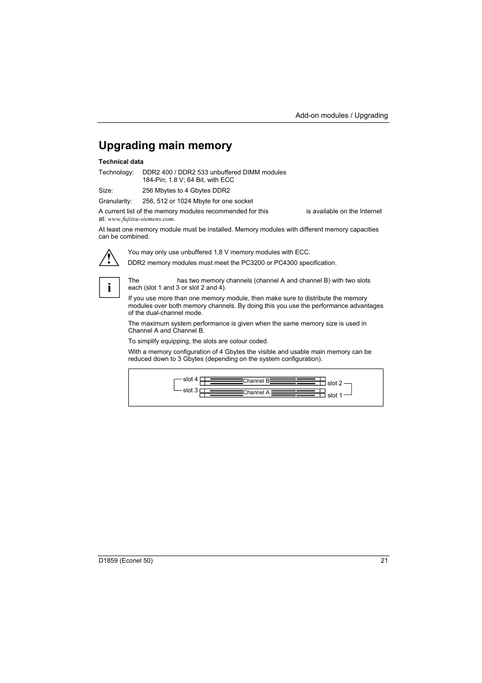 Upgrading main memory, Modules (see "upgrading main memory" chapter) | FUJITSU RELIABILITY D1859 User Manual | Page 27 / 42