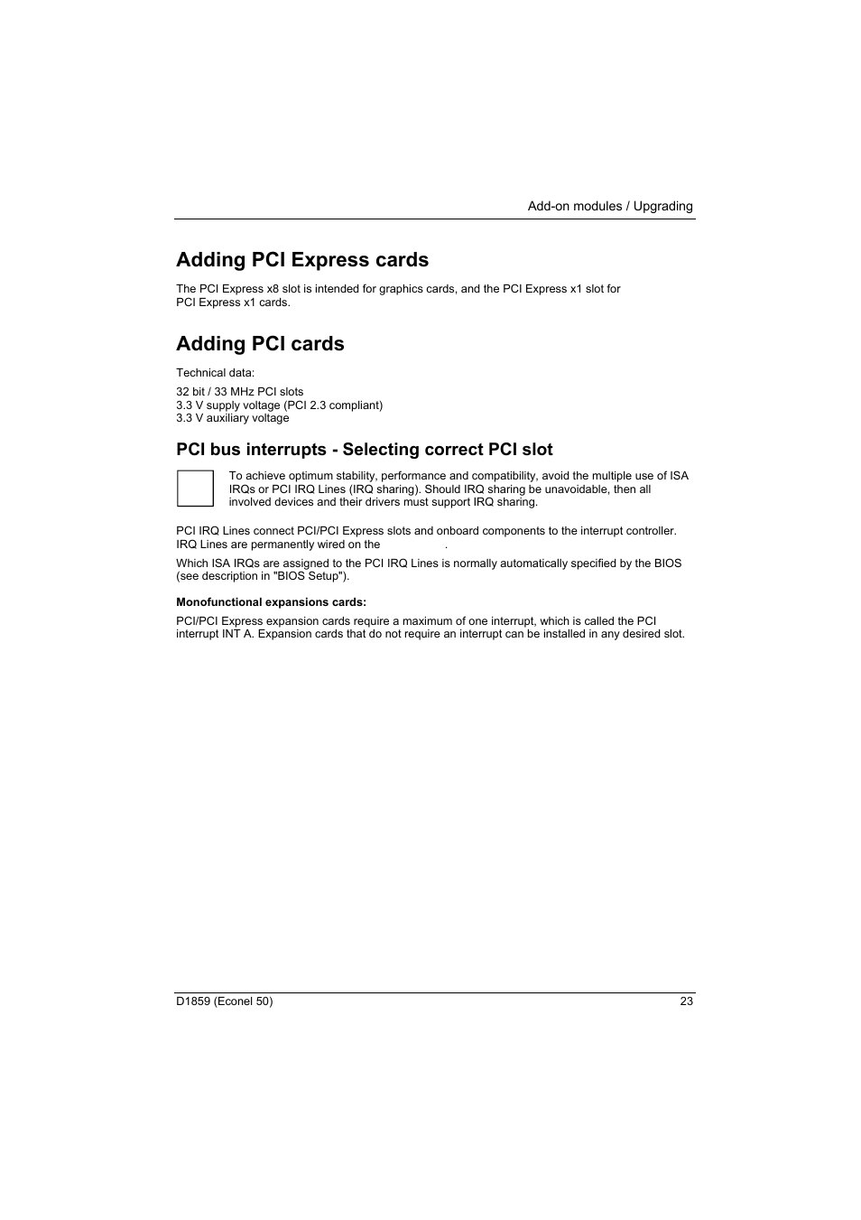 Adding pci express cards, Adding pci cards, Pci bus interrupts - selecting correct pci slot | Adding pci express cards adding pci cards | FUJITSU RELIABILITY D1859 User Manual | Page 29 / 42