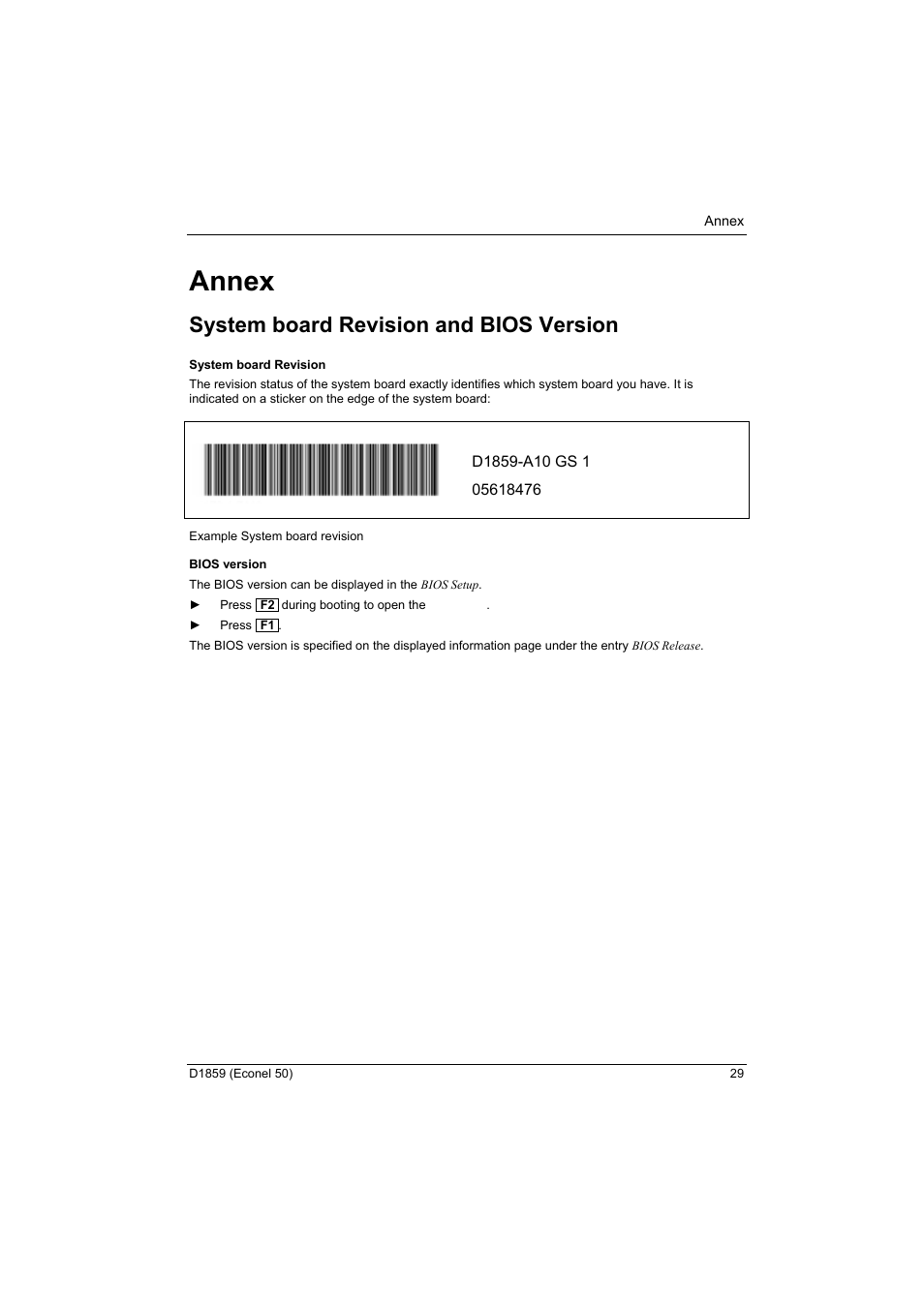 Annex, System board revision and bios version, Annex system board revision and bios version | FUJITSU RELIABILITY D1859 User Manual | Page 35 / 42