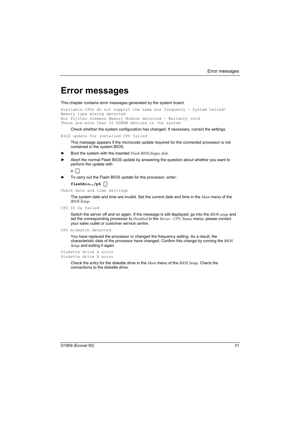 Error messages | FUJITSU RELIABILITY D1859 User Manual | Page 37 / 42