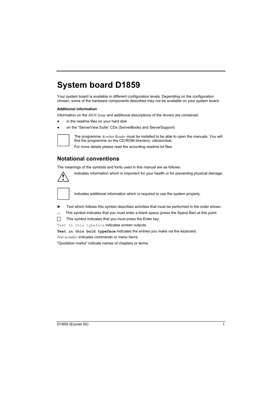 System board d1859, Notational conventions | FUJITSU RELIABILITY D1859 User Manual | Page 7 / 42