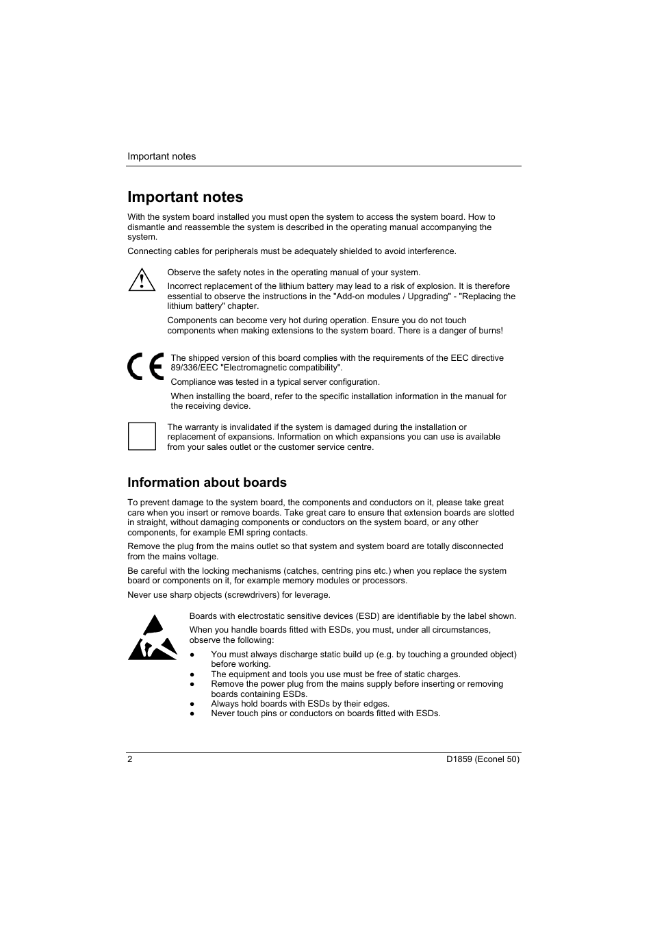 Important notes, Information about boards | FUJITSU RELIABILITY D1859 User Manual | Page 8 / 42