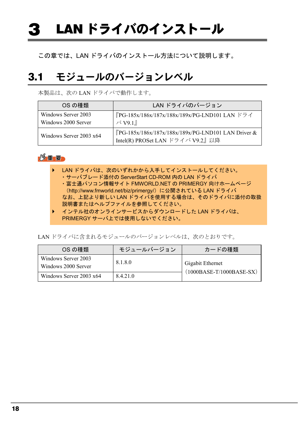3 lanドライバのインストール, 1 モジュールのバージョンレベル, 3 lan ドライバのインストール | Lan ドライバのインストール, モジュールのバージョンレベル | FUJITSU PG-LND101 User Manual | Page 18 / 80