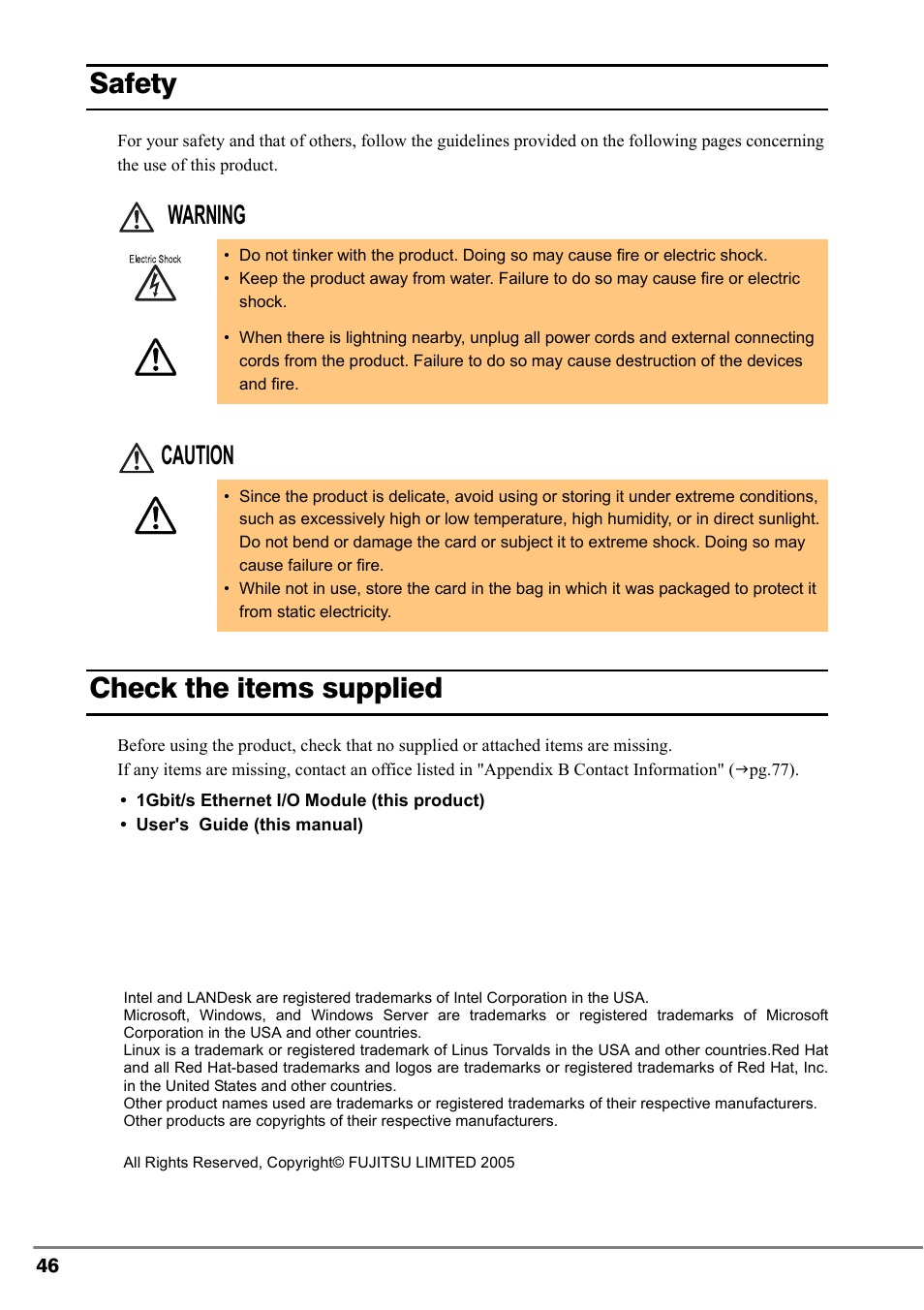 Safety, Check the items supplied, Warning caution | FUJITSU PG-LND101 User Manual | Page 46 / 80
