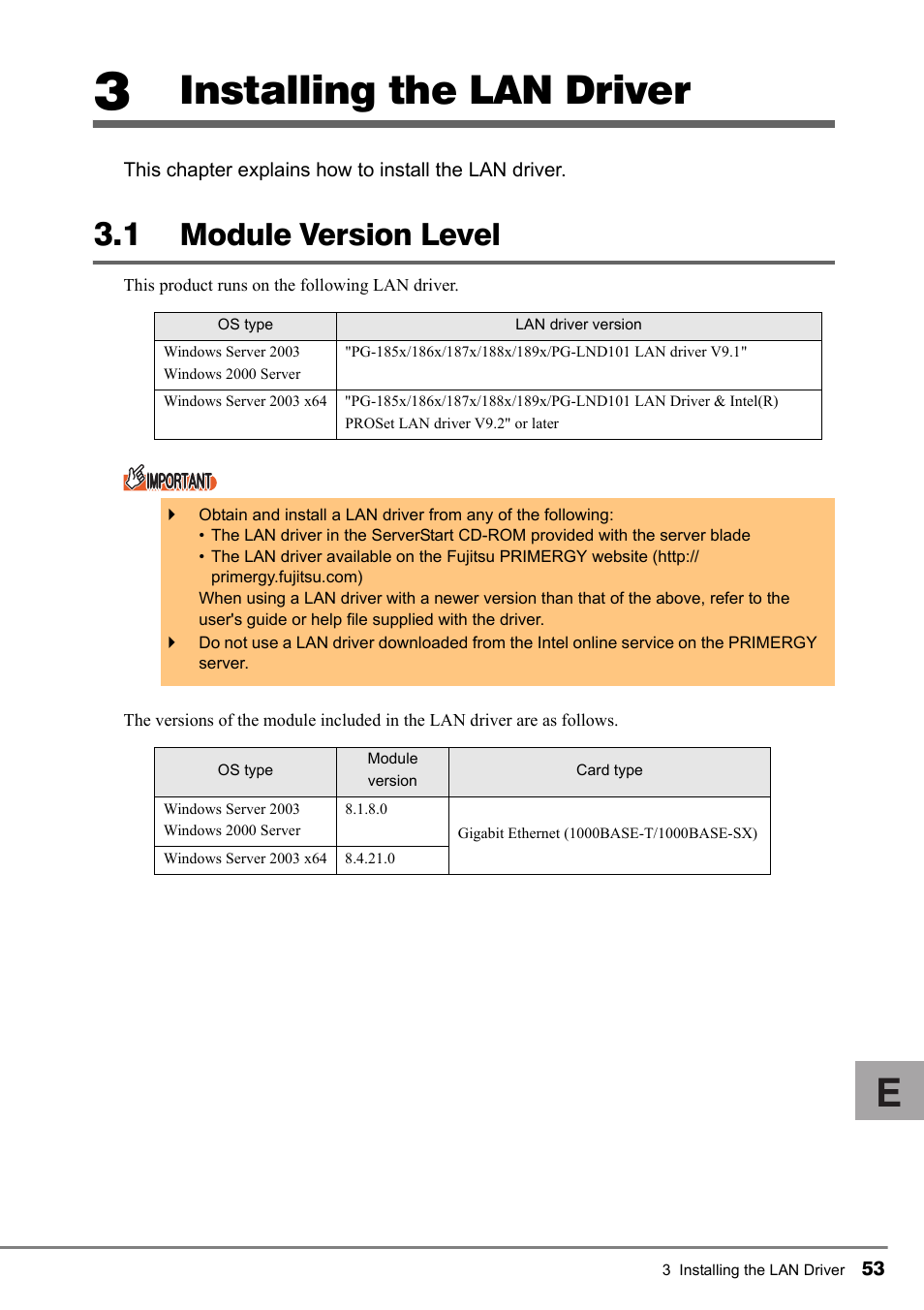 3 installing the lan driver, 1 module version level, Module version level | Installing the lan driver | FUJITSU PG-LND101 User Manual | Page 53 / 80