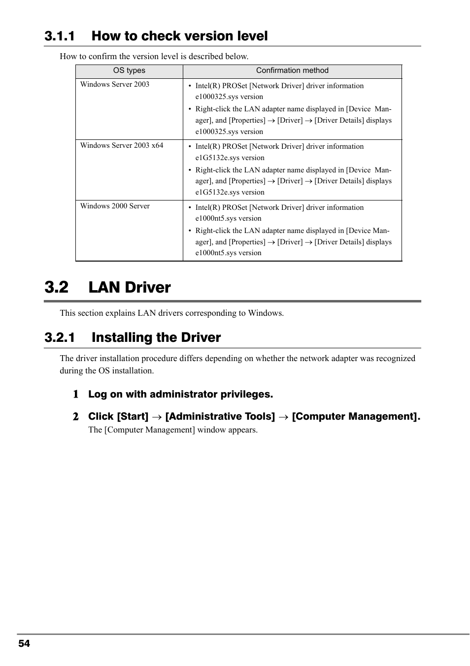 2 lan driver, Lan driver, 1 how to check version level | 1 installing the driver | FUJITSU PG-LND101 User Manual | Page 54 / 80