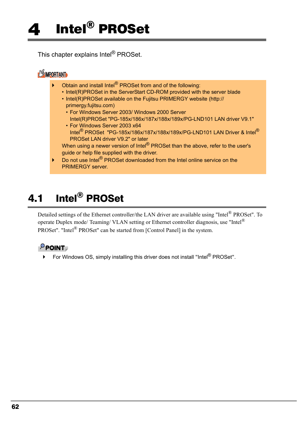 4 intel(r) proset, 1 intel(r) proset, 4 intel® proset | Intel® proset, Intel, Proset | FUJITSU PG-LND101 User Manual | Page 62 / 80