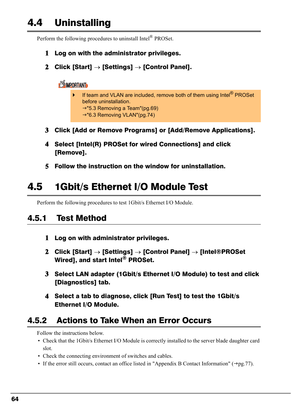 4 uninstalling, 5 1gbit/s ethernet i/o module test, Uninstalling | 1gbit/s ethernet i/o module test, 1 test method, 2 actions to take when an error occurs | FUJITSU PG-LND101 User Manual | Page 64 / 80