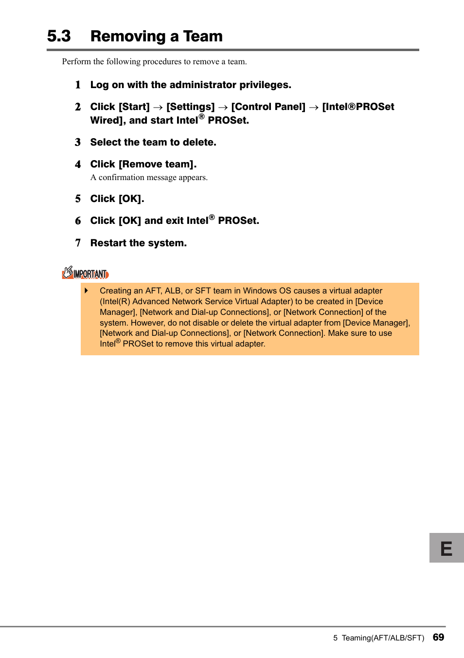 3 removing a team, Removing a team, J"5.3 removing a team"(pg.69) | FUJITSU PG-LND101 User Manual | Page 69 / 80