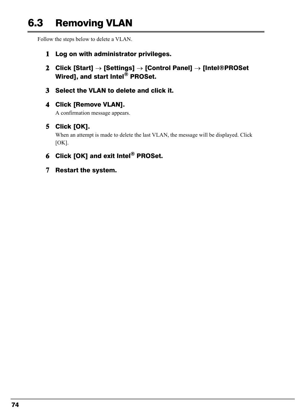 3 removing vlan, Removing vlan, J"6.3 removing vlan"(pg.74) | FUJITSU PG-LND101 User Manual | Page 74 / 80