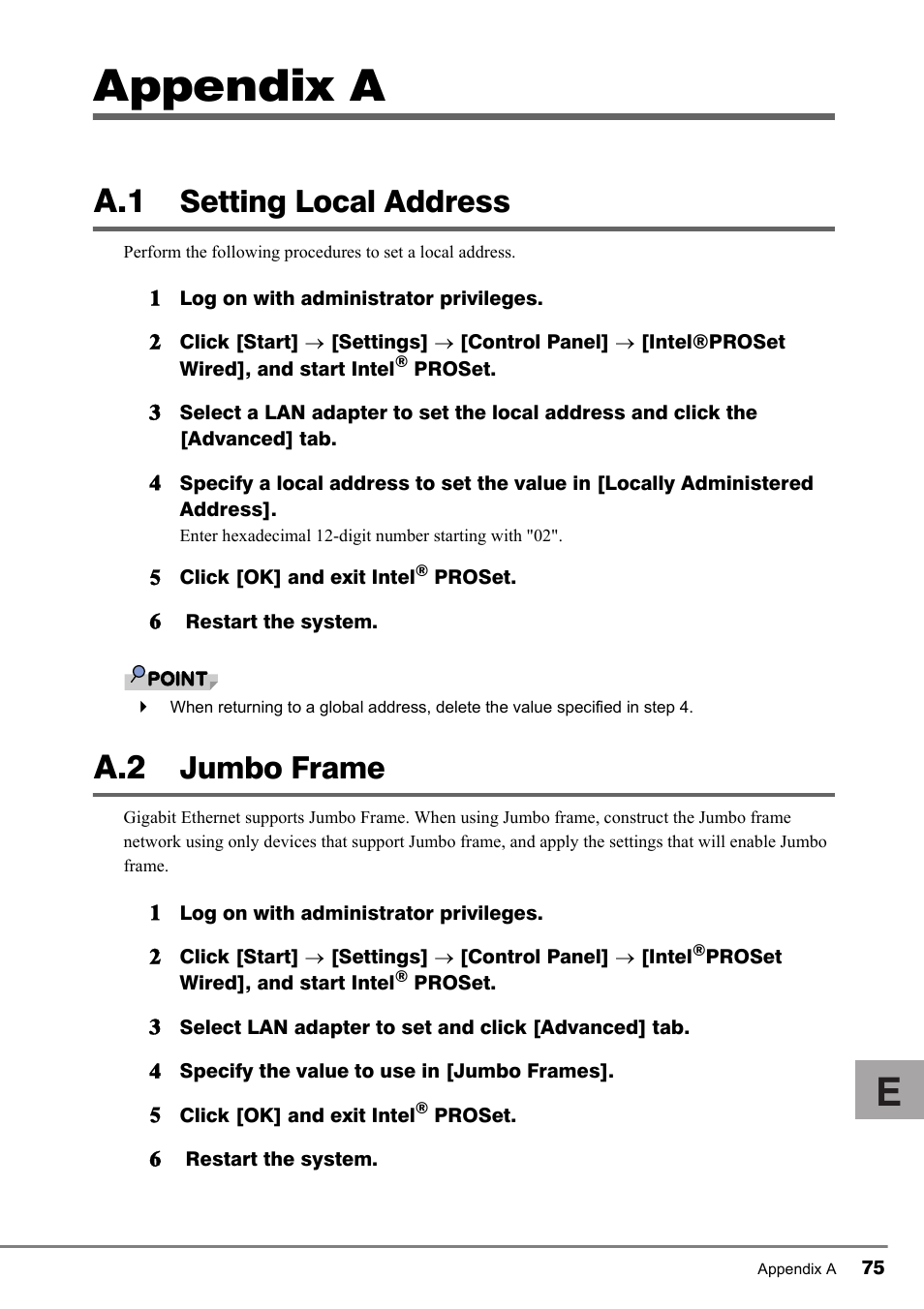 Appendix a, A.1 setting local address, A.2 jumbo frame | Setting local address, Jumbo frame | FUJITSU PG-LND101 User Manual | Page 75 / 80