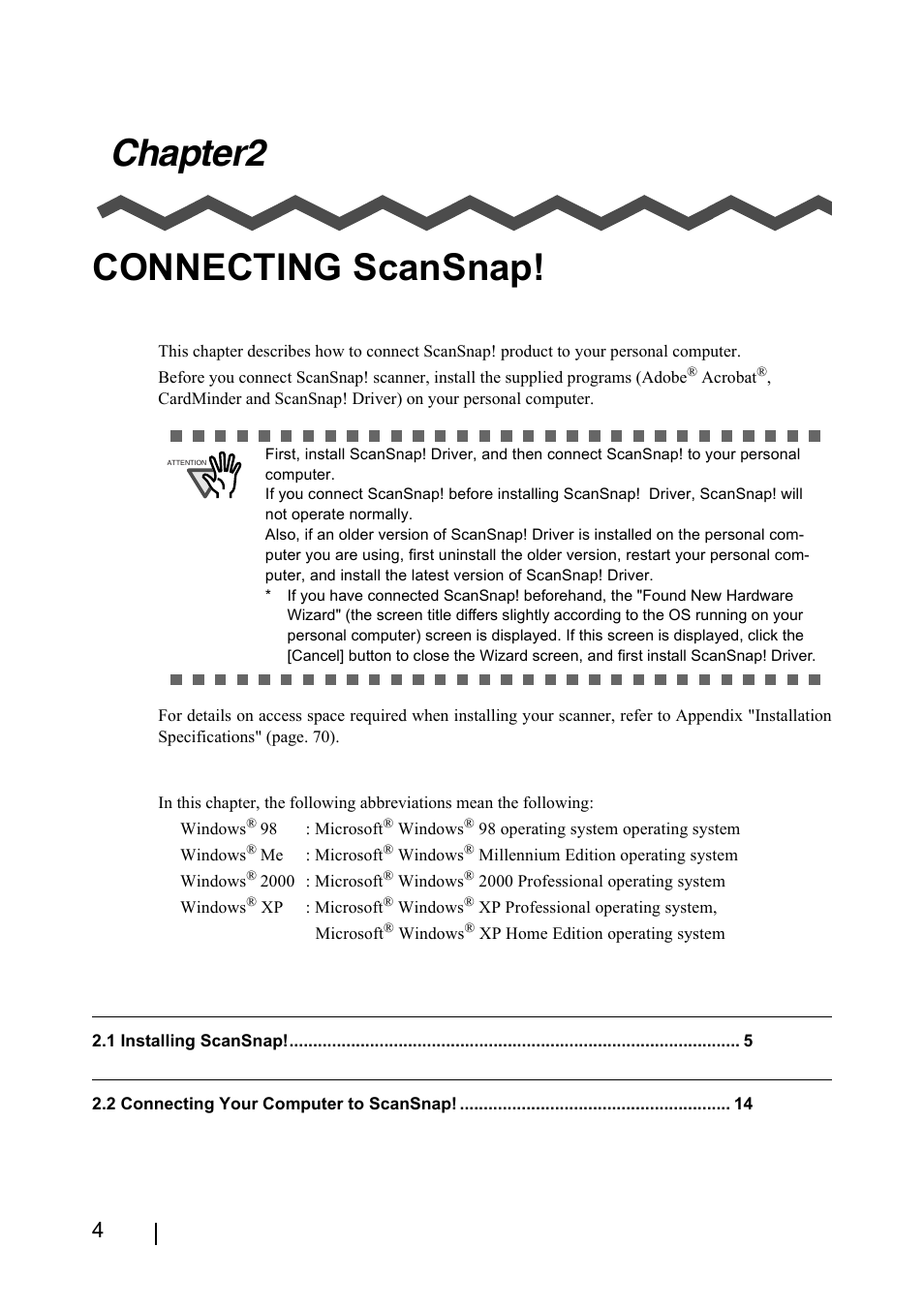 Chapter2 connecting, Scansnap, Chapter2 connecting scansnap | FUJITSU fi-4110EOX2 User Manual | Page 20 / 91