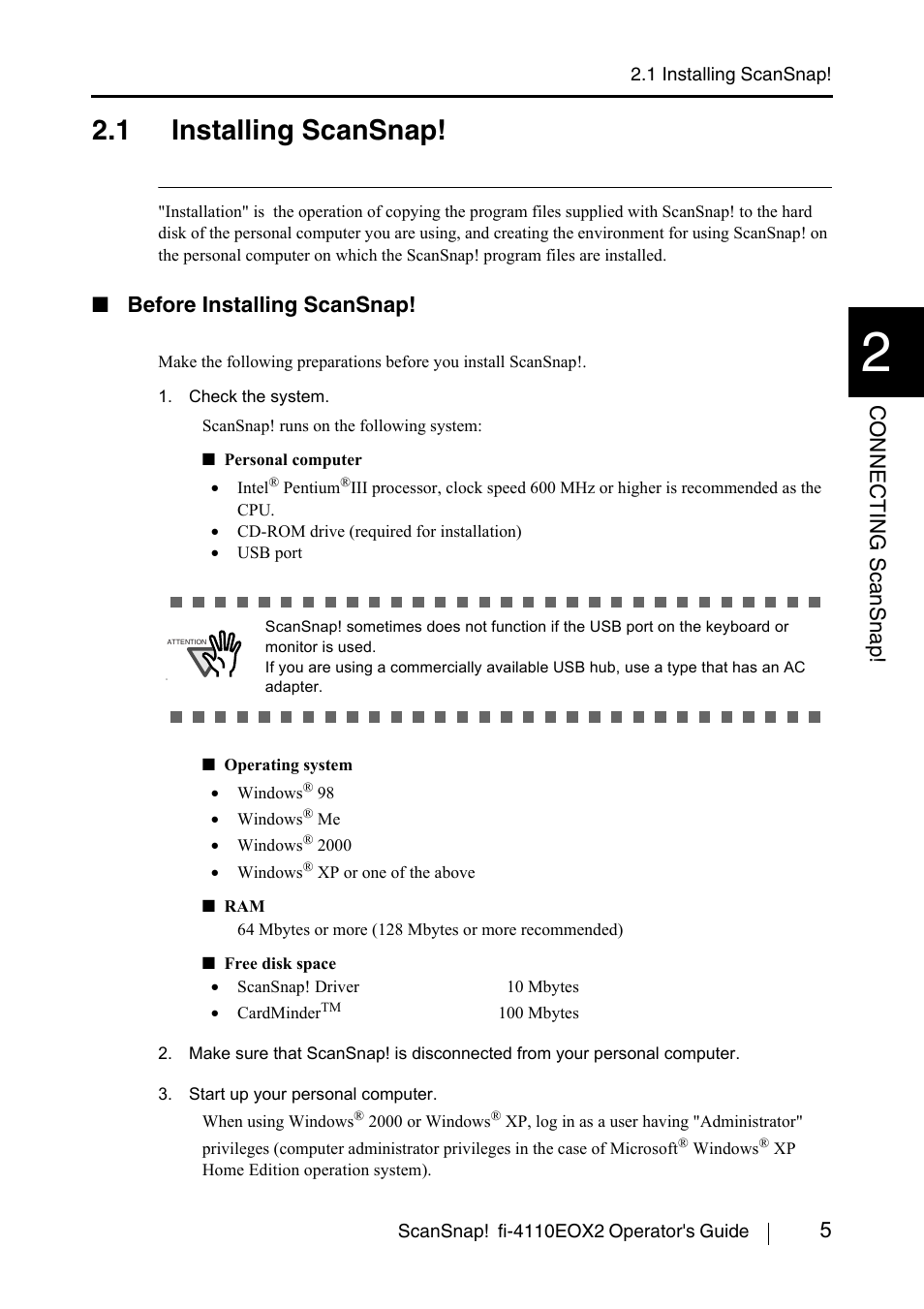 1 installing scansnap, Before installing scansnap, 5connecting scansnap | FUJITSU fi-4110EOX2 User Manual | Page 21 / 91