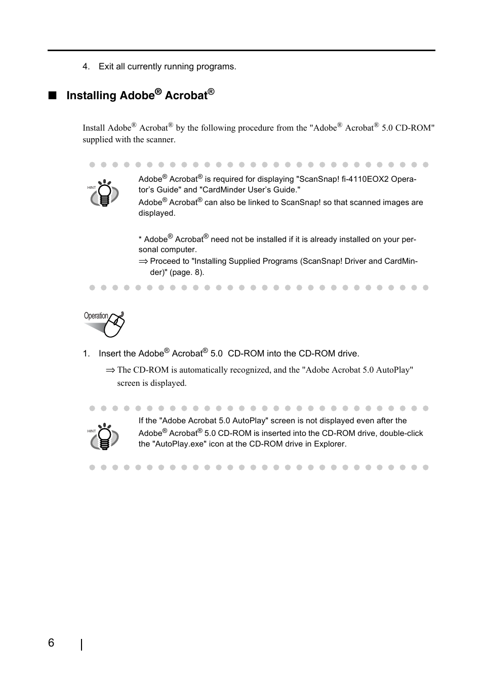 Installing adobe® acrobat, Installing adobe, Acrobat | FUJITSU fi-4110EOX2 User Manual | Page 22 / 91