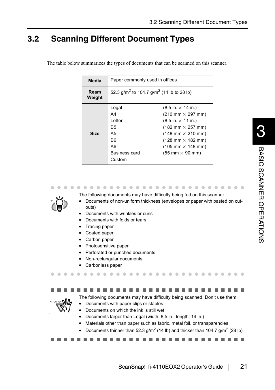 2 scanning different document types, 21 basic scanner opera t ions | FUJITSU fi-4110EOX2 User Manual | Page 37 / 91