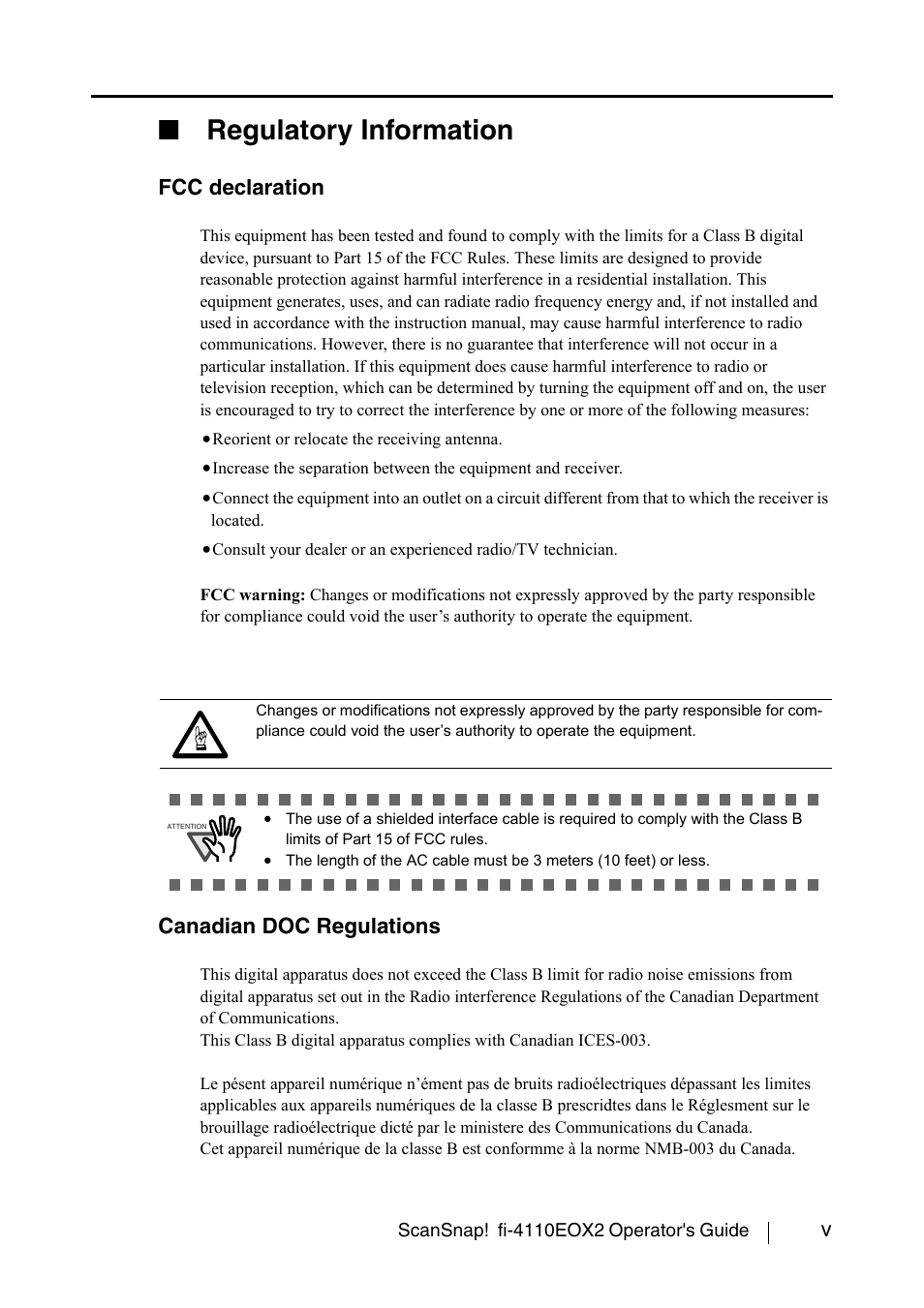 Regulatory informatio, Regulatory information, Fcc declaration | Canadian doc regulations | FUJITSU fi-4110EOX2 User Manual | Page 7 / 91