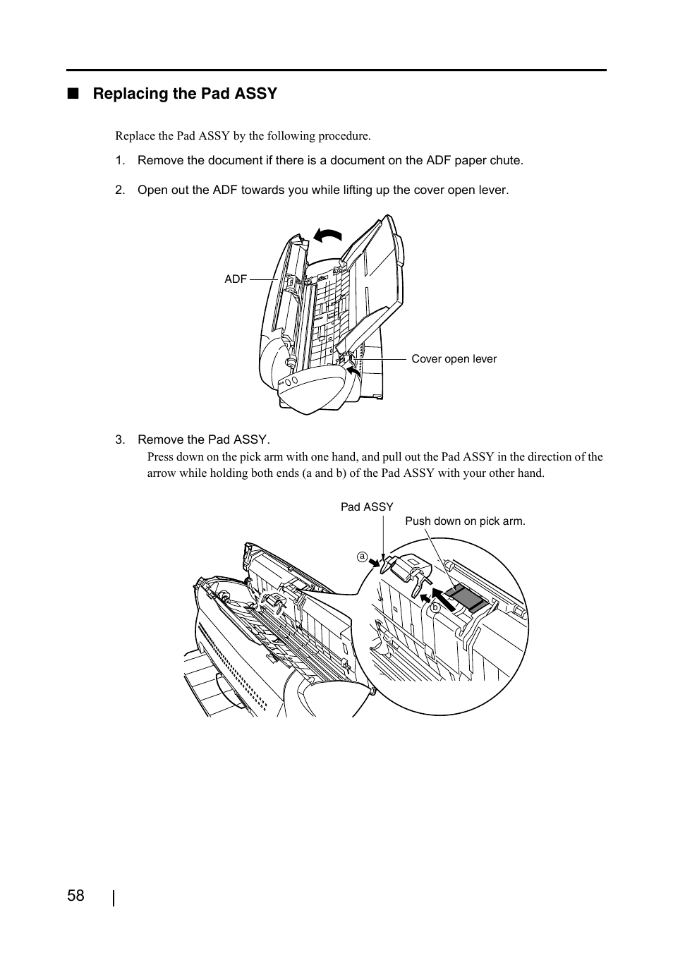 Replacing the pad assy, 58 ■ replacing the pad assy | FUJITSU fi-4110EOX2 User Manual | Page 74 / 91