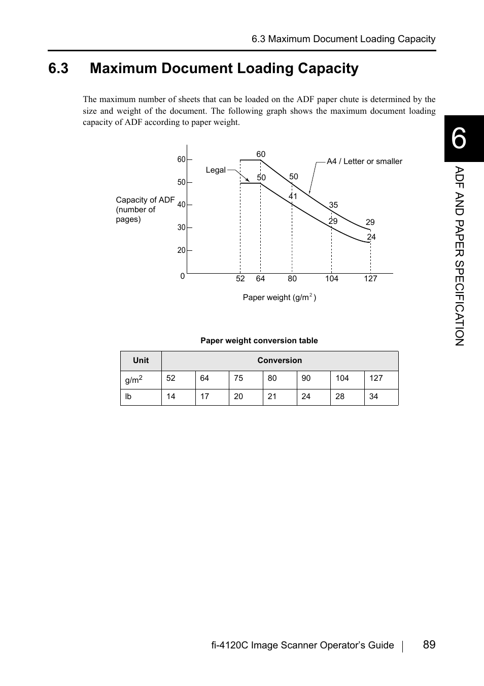 3 maximum document loading capacity, 89 adf and p a per specifica t ion | FUJITSU Image Scanner fi-4120C User Manual | Page 105 / 121
