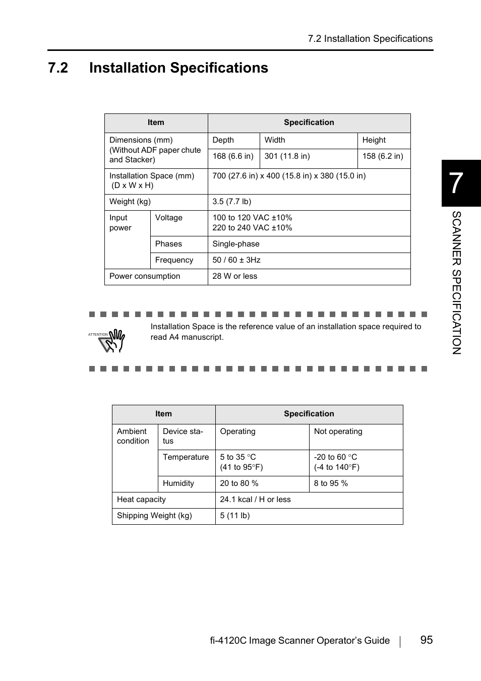 2 installation specifications, 95 scanner specifica t ion | FUJITSU Image Scanner fi-4120C User Manual | Page 111 / 121