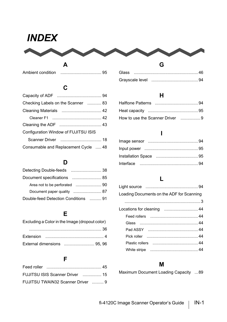 Index, In-1 | FUJITSU Image Scanner fi-4120C User Manual | Page 119 / 121