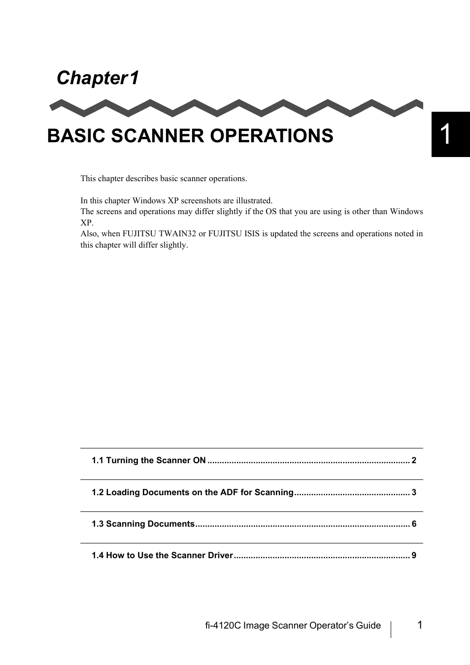 Chapter 1 basic scanner operations, Chapter 1, Basic scanner operations | FUJITSU Image Scanner fi-4120C User Manual | Page 17 / 121