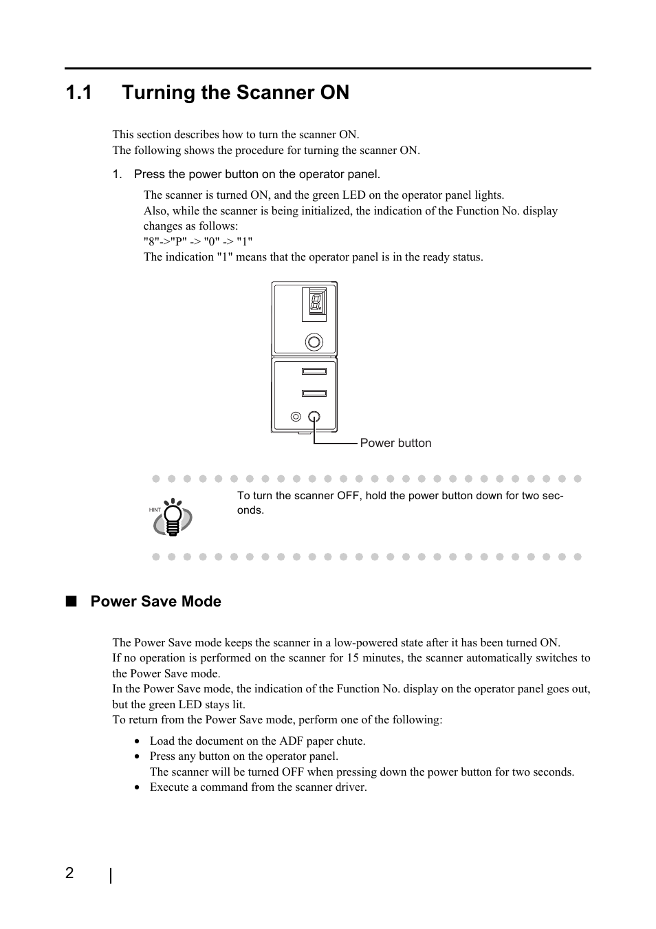 1 turning the scanner on, Power save mode | FUJITSU Image Scanner fi-4120C User Manual | Page 18 / 121