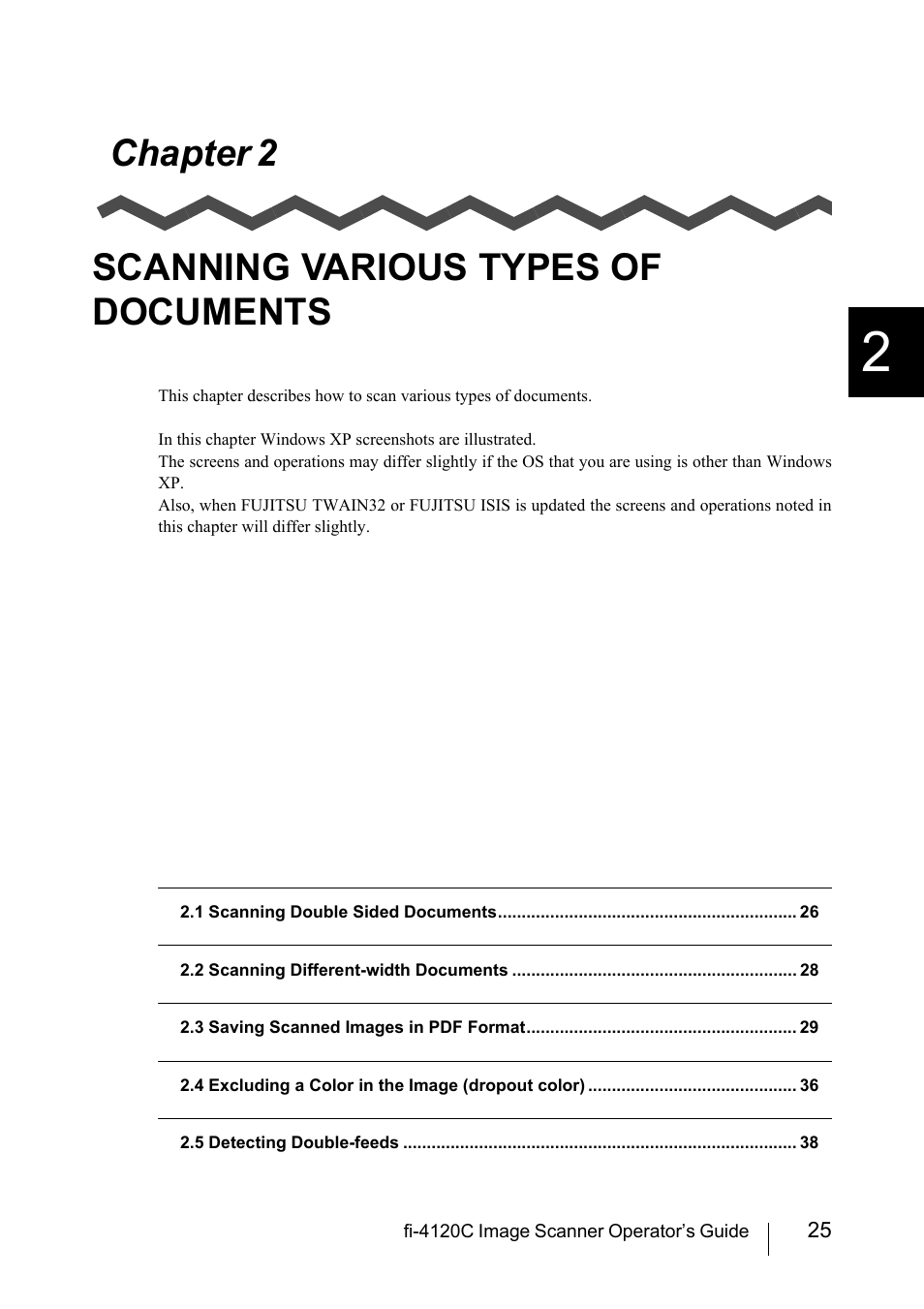 Chapter 2 scanning various types of documents, Chapter 2, Scanning various types of documents 25 | FUJITSU Image Scanner fi-4120C User Manual | Page 41 / 121