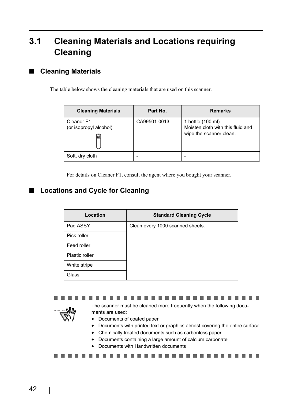 Cleaning materials, Locations and cycle for cleaning | FUJITSU Image Scanner fi-4120C User Manual | Page 58 / 121