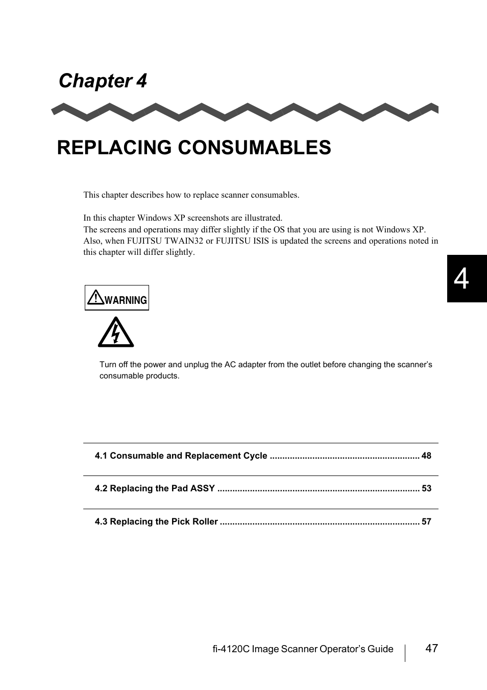 Chapter 4 replacing consumables, Chapter 4, Replacing consumables | FUJITSU Image Scanner fi-4120C User Manual | Page 63 / 121
