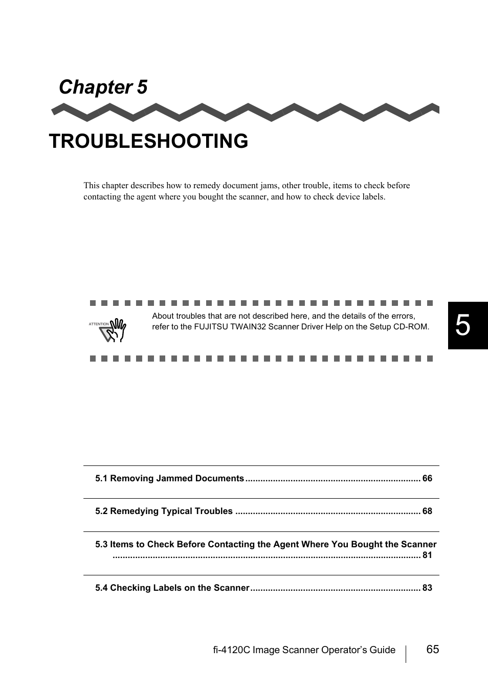 Chapter 5 troubleshooting, Chapter 5, Troubleshooting | FUJITSU Image Scanner fi-4120C User Manual | Page 81 / 121