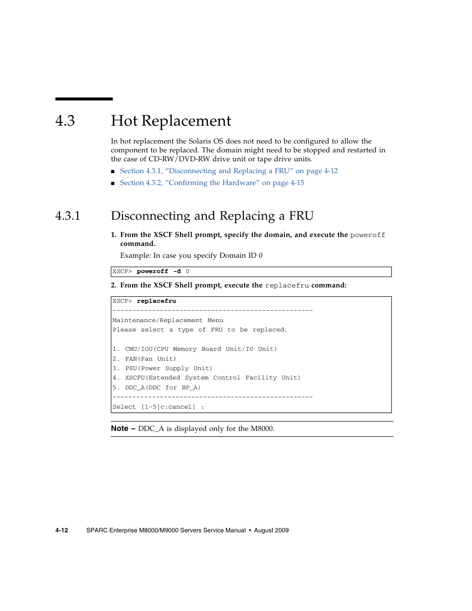 3 hot replacement, 1 disconnecting and replacing a fru, Hot replacement | Disconnecting and replacing a fru | FUJITSU SPARC ENTERPRISE M8000 User Manual | Page 106 / 514