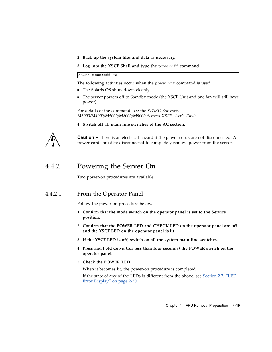 2 powering the server on, 1 from the operator panel, Powering the server on | From the operator panel | FUJITSU SPARC ENTERPRISE M8000 User Manual | Page 113 / 514