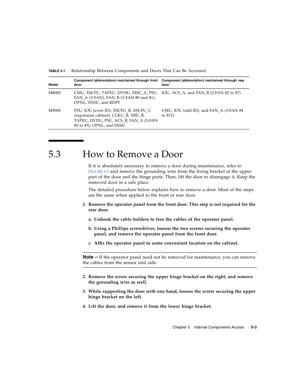3 how to remove a door, How to remove a door | FUJITSU SPARC ENTERPRISE M8000 User Manual | Page 149 / 514