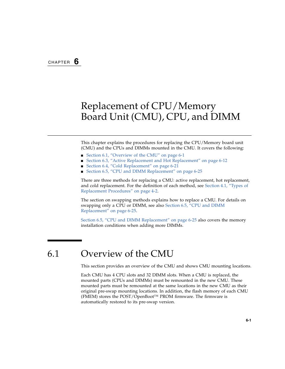 1 overview of the cmu, Overview of the cmu, Chapter 6 | FUJITSU SPARC ENTERPRISE M8000 User Manual | Page 153 / 514