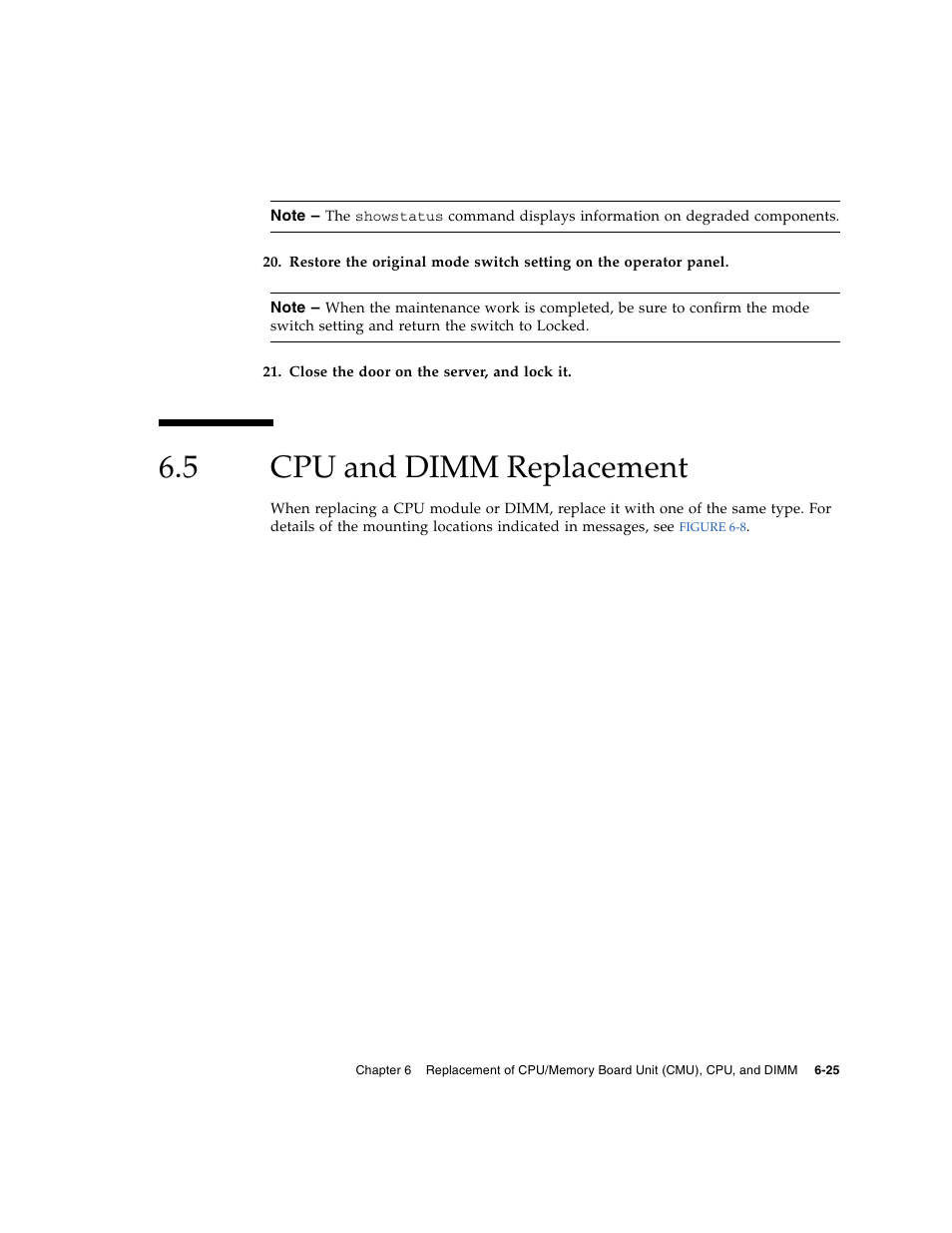 5 cpu and dimm replacement, Cpu and dimm replacement, Section 6.5, “cpu and dimm | FUJITSU SPARC ENTERPRISE M8000 User Manual | Page 177 / 514