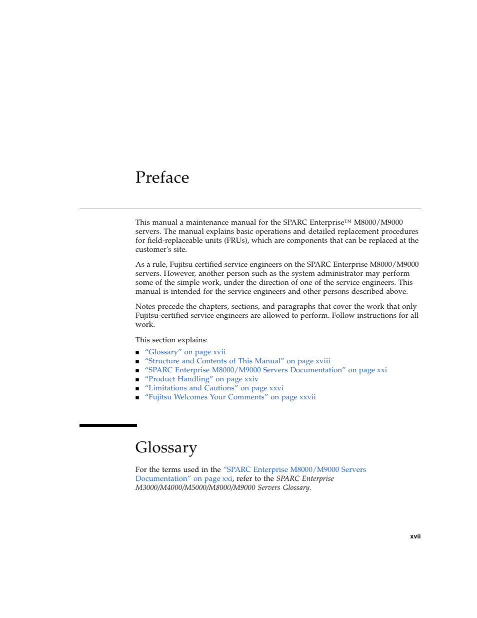 Preface, Xvii, Glossary | FUJITSU SPARC ENTERPRISE M8000 User Manual | Page 19 / 514