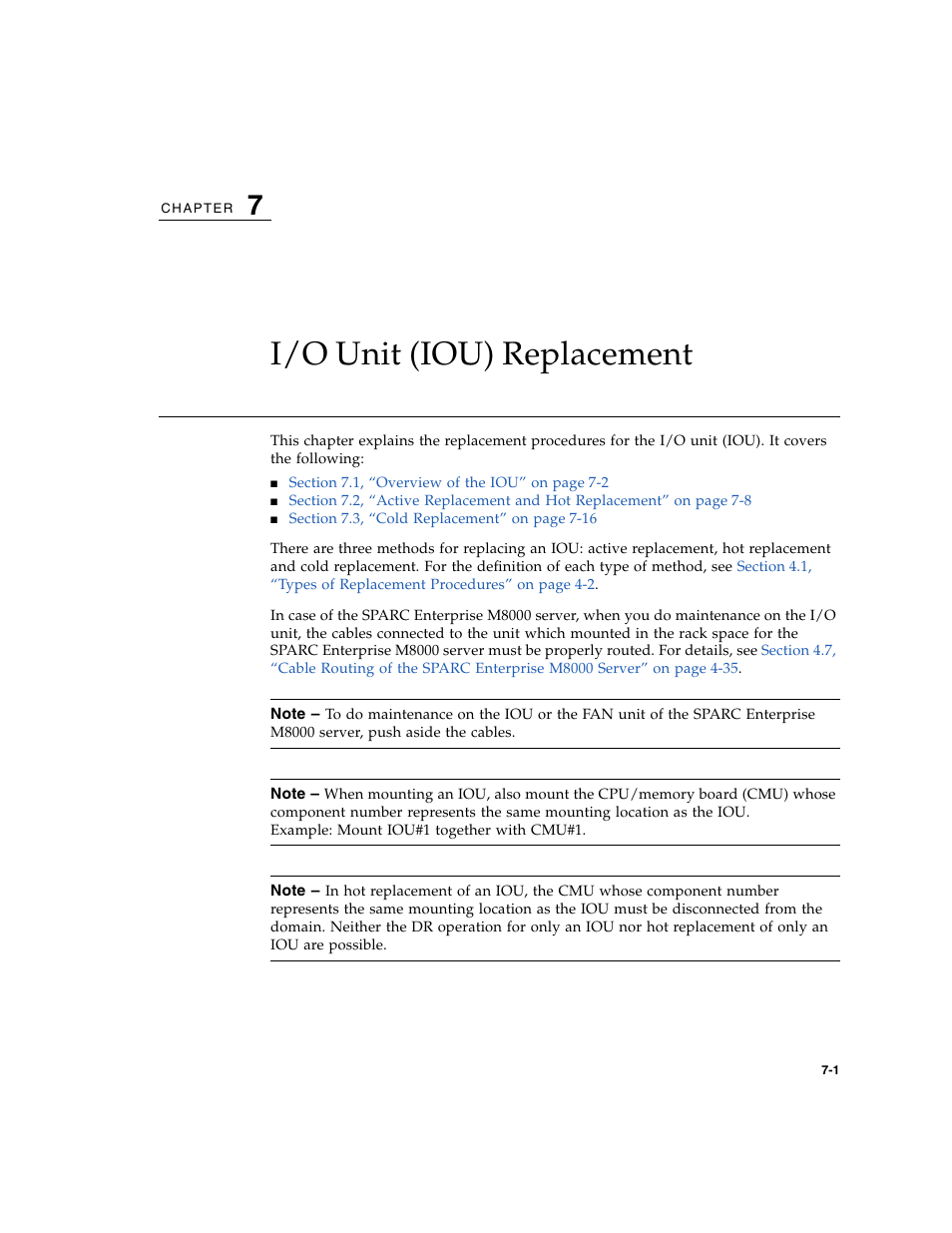 I/o unit (iou) replacement, Chapter 7 | FUJITSU SPARC ENTERPRISE M8000 User Manual | Page 195 / 514
