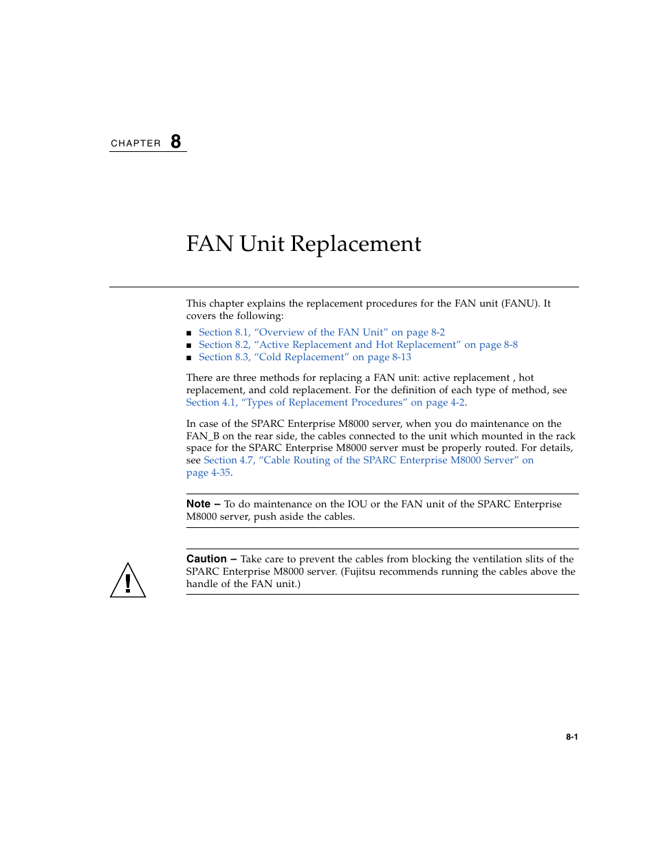 Fan unit replacement, Chapter 8 | FUJITSU SPARC ENTERPRISE M8000 User Manual | Page 215 / 514