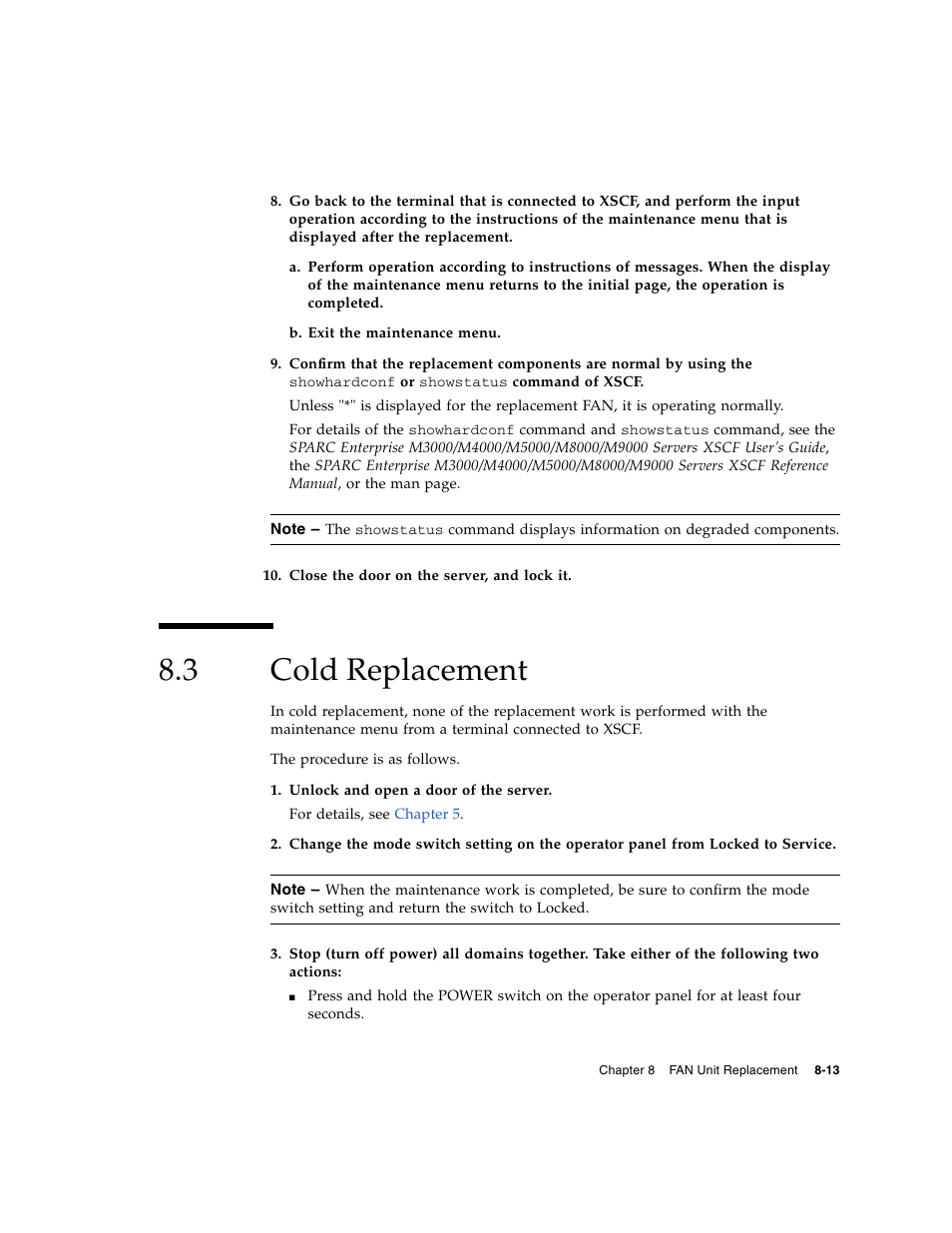 3 cold replacement, Cold replacement, Step 8 | FUJITSU SPARC ENTERPRISE M8000 User Manual | Page 227 / 514