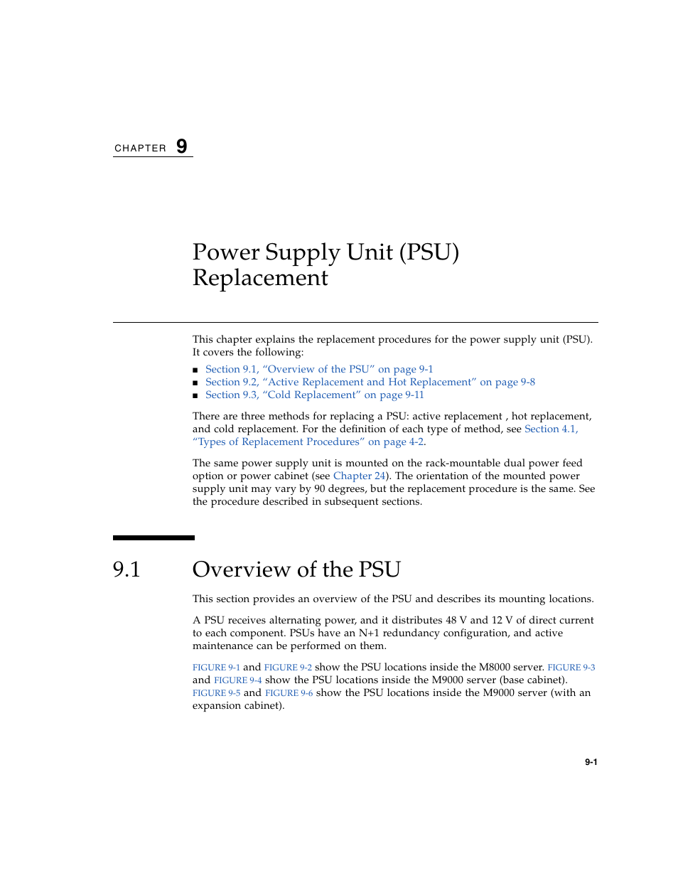 Power supply unit (psu) replacement, 1 overview of the psu, Overview of the psu | Chapter 9 | FUJITSU SPARC ENTERPRISE M8000 User Manual | Page 231 / 514