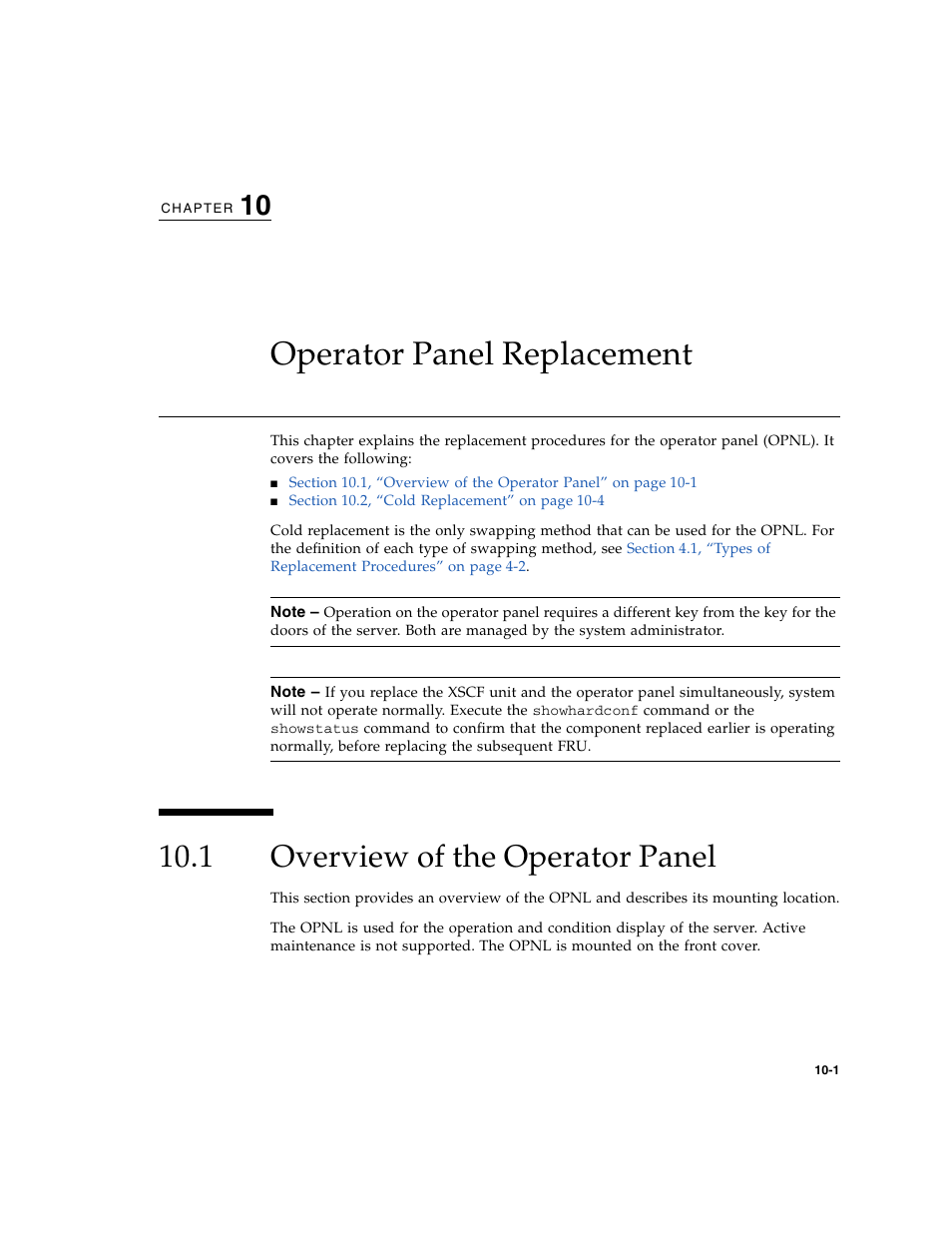 Operator panel replacement, 1 overview of the operator panel, Overview of the operator panel | Chapter 10 | FUJITSU SPARC ENTERPRISE M8000 User Manual | Page 245 / 514