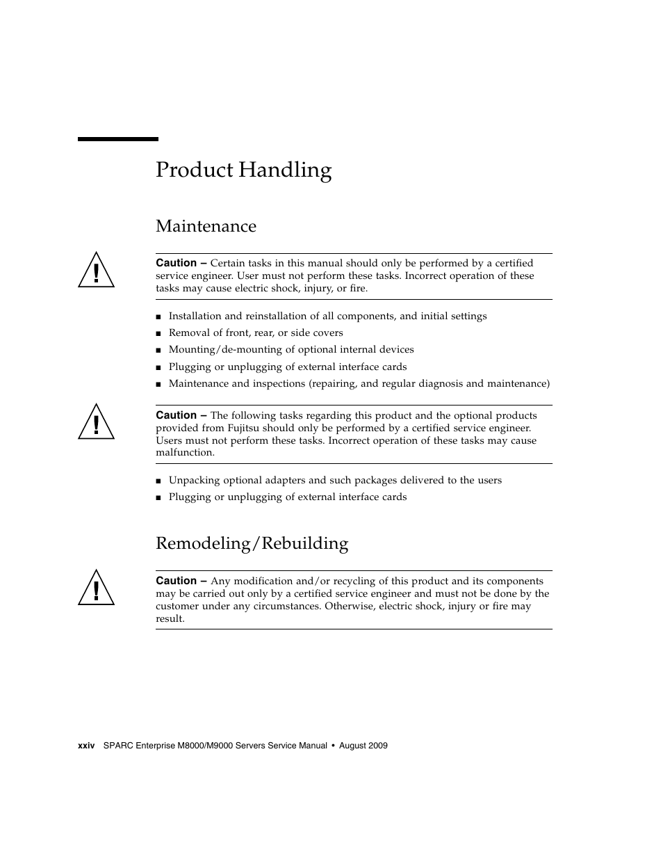 Product handling, Maintenance, Remodeling/rebuilding | FUJITSU SPARC ENTERPRISE M8000 User Manual | Page 26 / 514