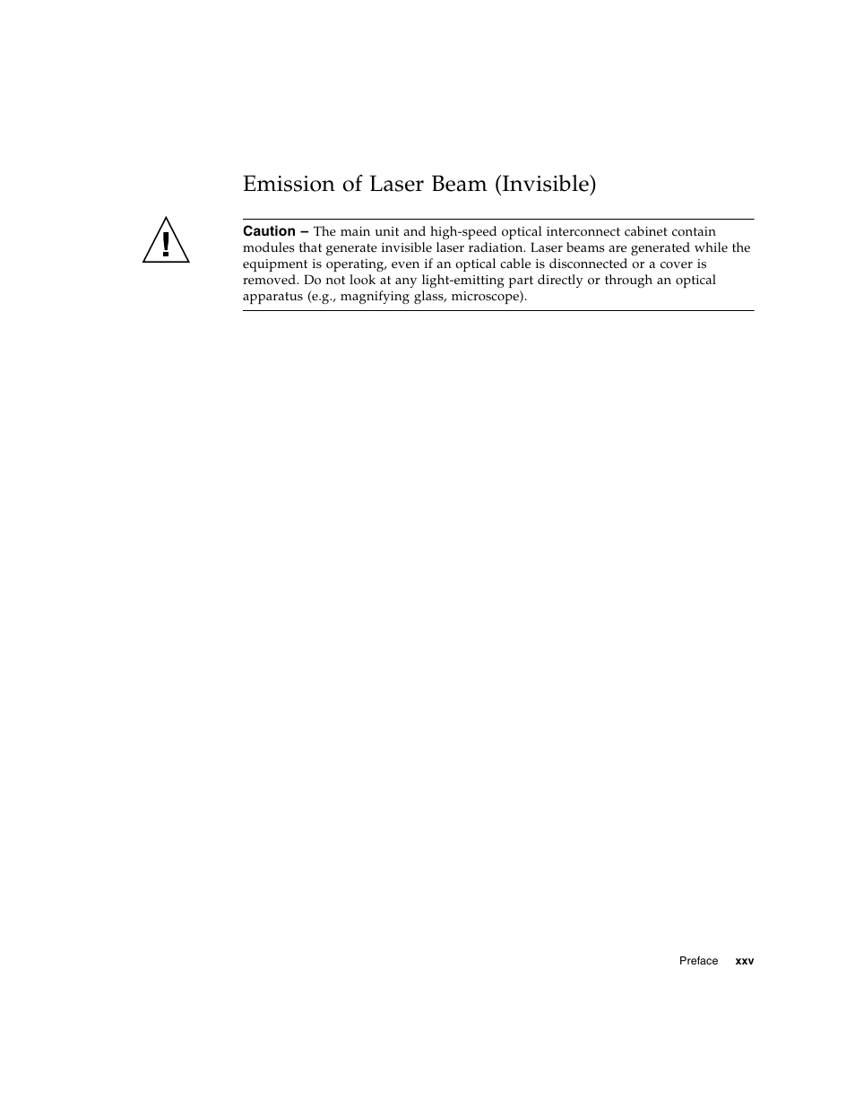 Emission of laser beam (invisible) | FUJITSU SPARC ENTERPRISE M8000 User Manual | Page 27 / 514
