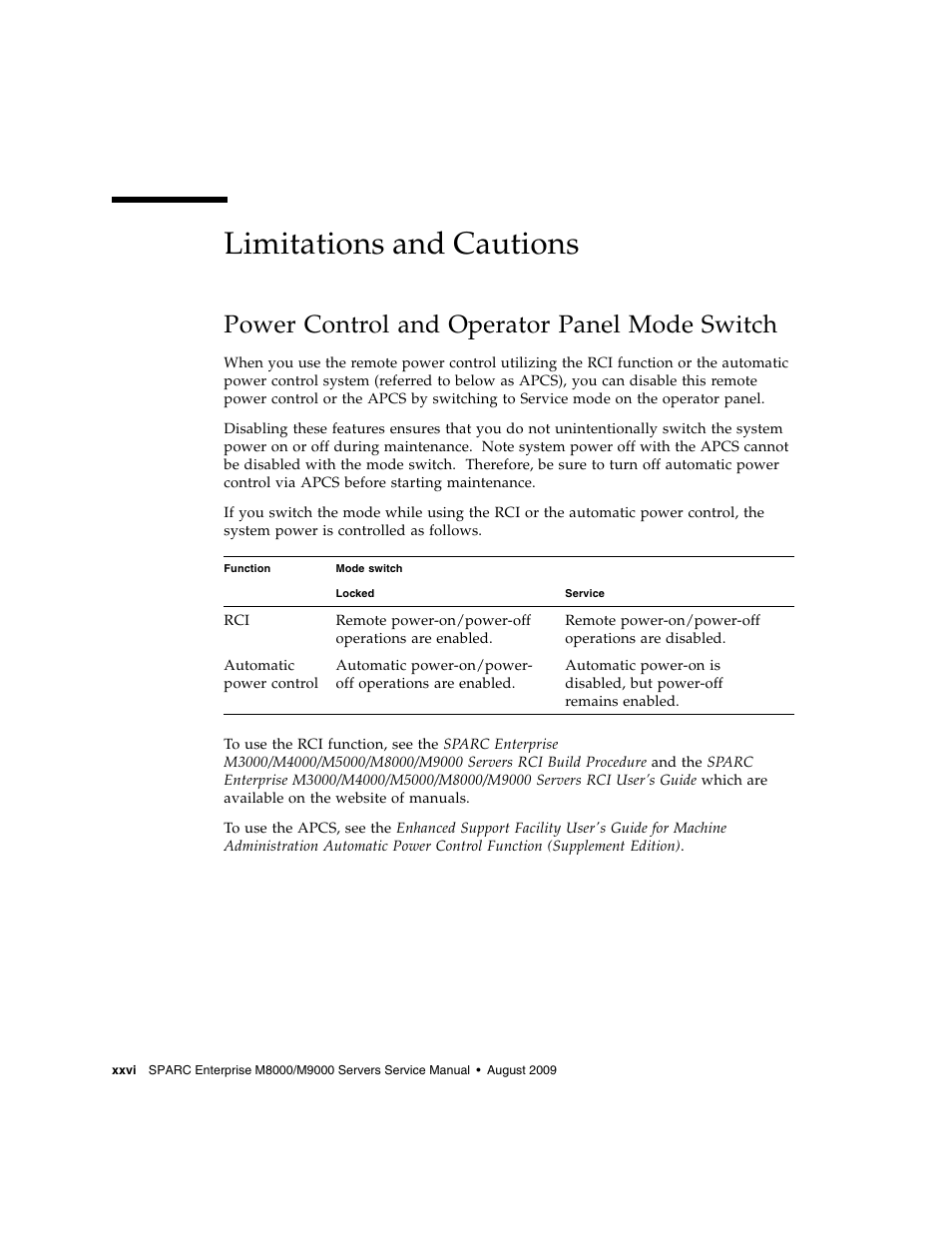 Limitations and cautions, Power control and operator panel mode switch | FUJITSU SPARC ENTERPRISE M8000 User Manual | Page 28 / 514