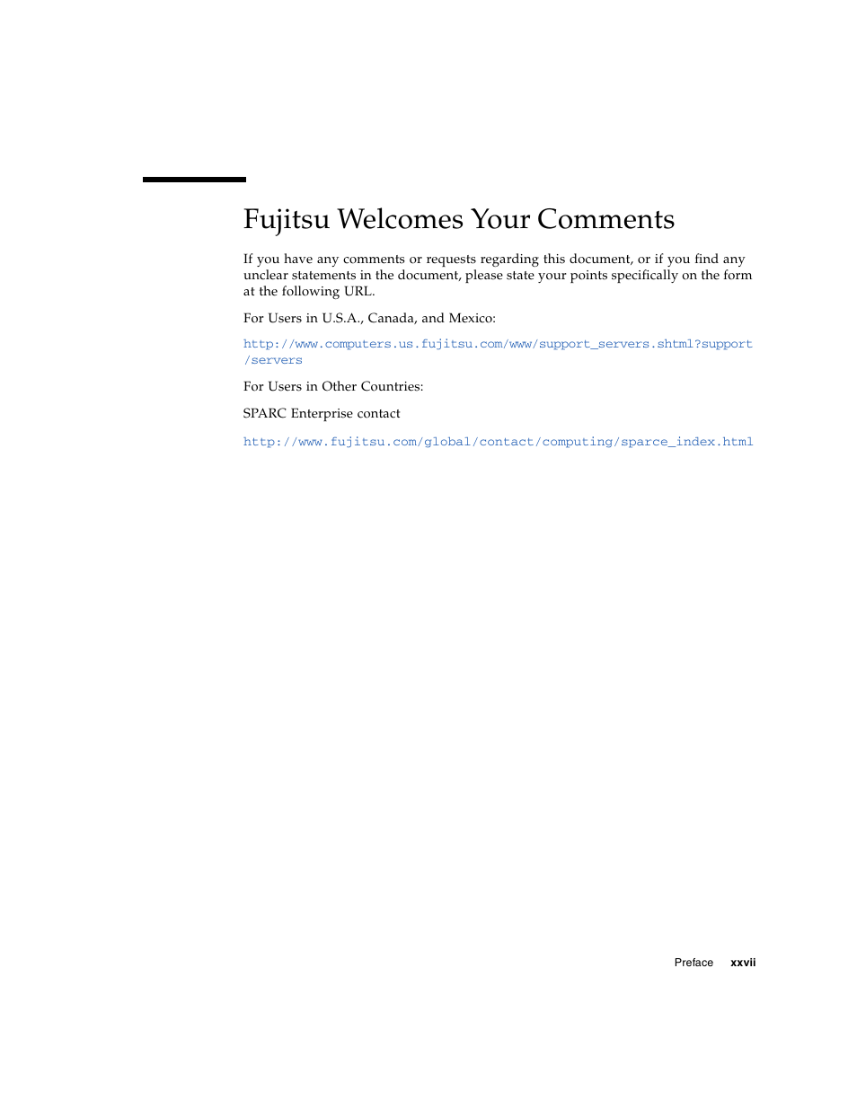 Fujitsu welcomes your comments | FUJITSU SPARC ENTERPRISE M8000 User Manual | Page 29 / 514