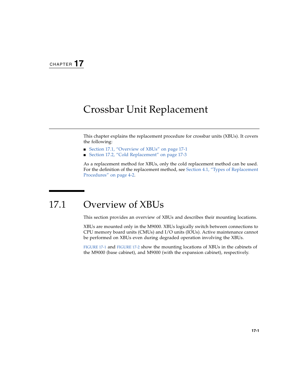Crossbar unit replacement, 1 overview of xbus, Overview of xbus | Chapter 17 | FUJITSU SPARC ENTERPRISE M8000 User Manual | Page 329 / 514