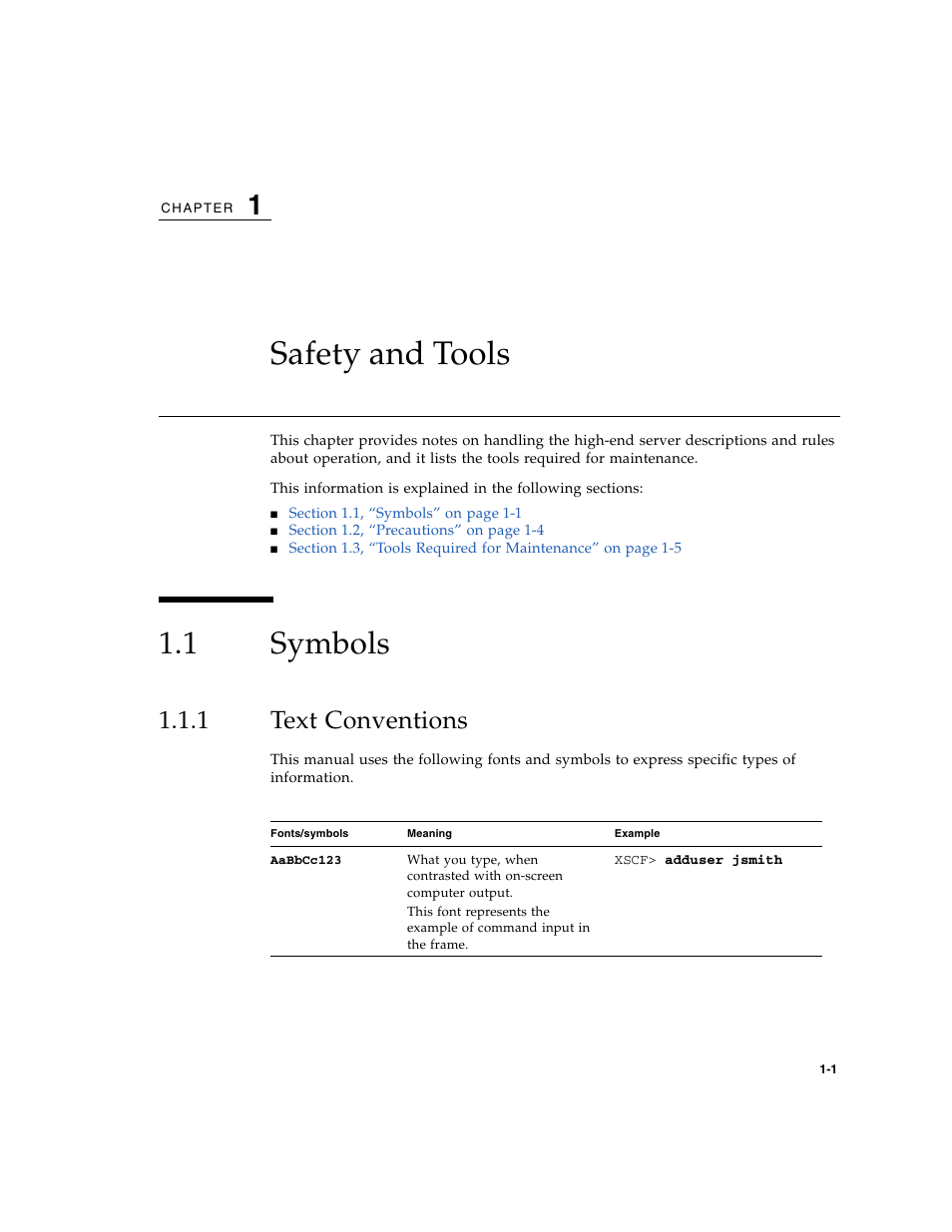 Safety and tools, 1 symbols, 1 text conventions | Symbols, Text conventions, Chapter 1 | FUJITSU SPARC ENTERPRISE M8000 User Manual | Page 33 / 514