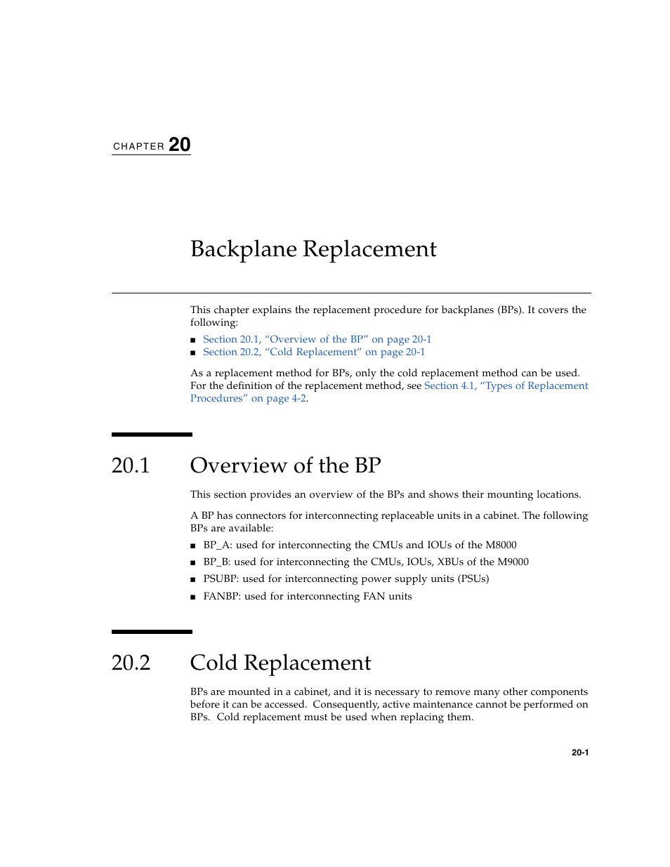 Backplane replacement, 1 overview of the bp, 2 cold replacement | Overview of the bp, Cold replacement, Chapter 20 | FUJITSU SPARC ENTERPRISE M8000 User Manual | Page 357 / 514